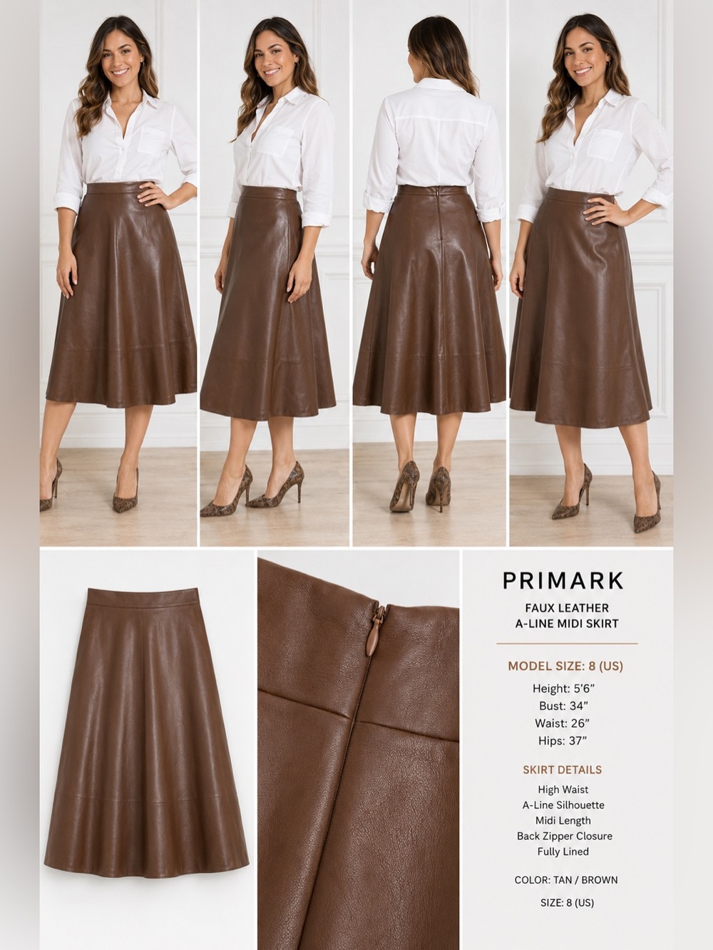 Primark Brown Faux Leather Midi A-Line Skirt – Size 8